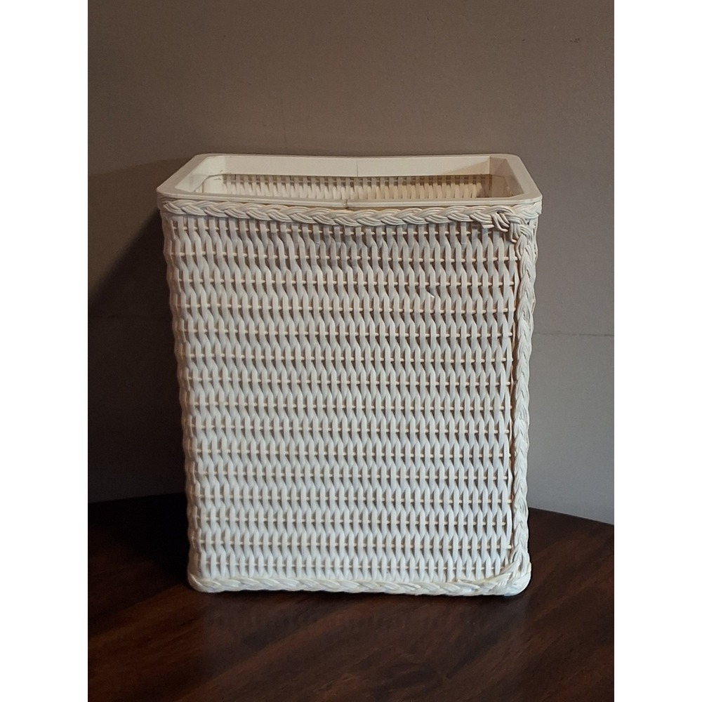 Vintage White Resin Wicker Wastebasket Rectangular Bathroom Trash Can See Pics